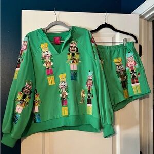 QOS Green Nutcracker Sequin Sweatshirt & Shorts Set